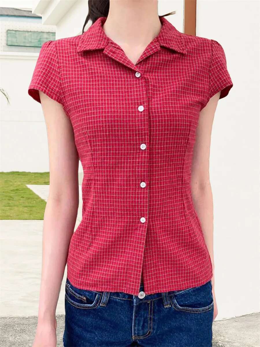 Ladies Plaid Short Sleeve Shirt with Fit and Turn Down Collar Casual Button Down Top for Summer Wear