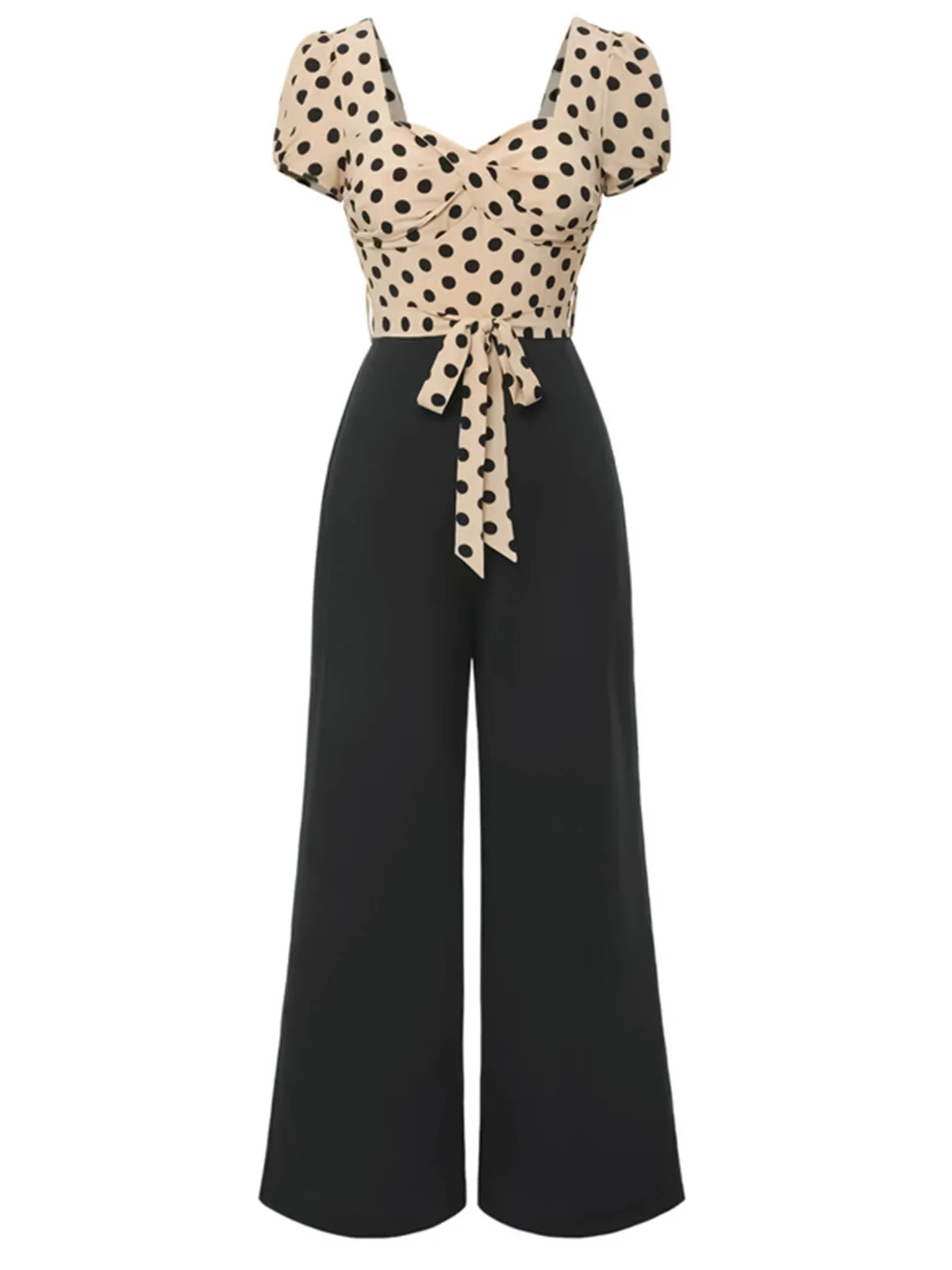 plus Size Elegant Vintage Polka Dot Top with Heart Collar Waist Tie Butterfly Knot Jumpsuit Womens Comfortable Breathable Slim 250603
