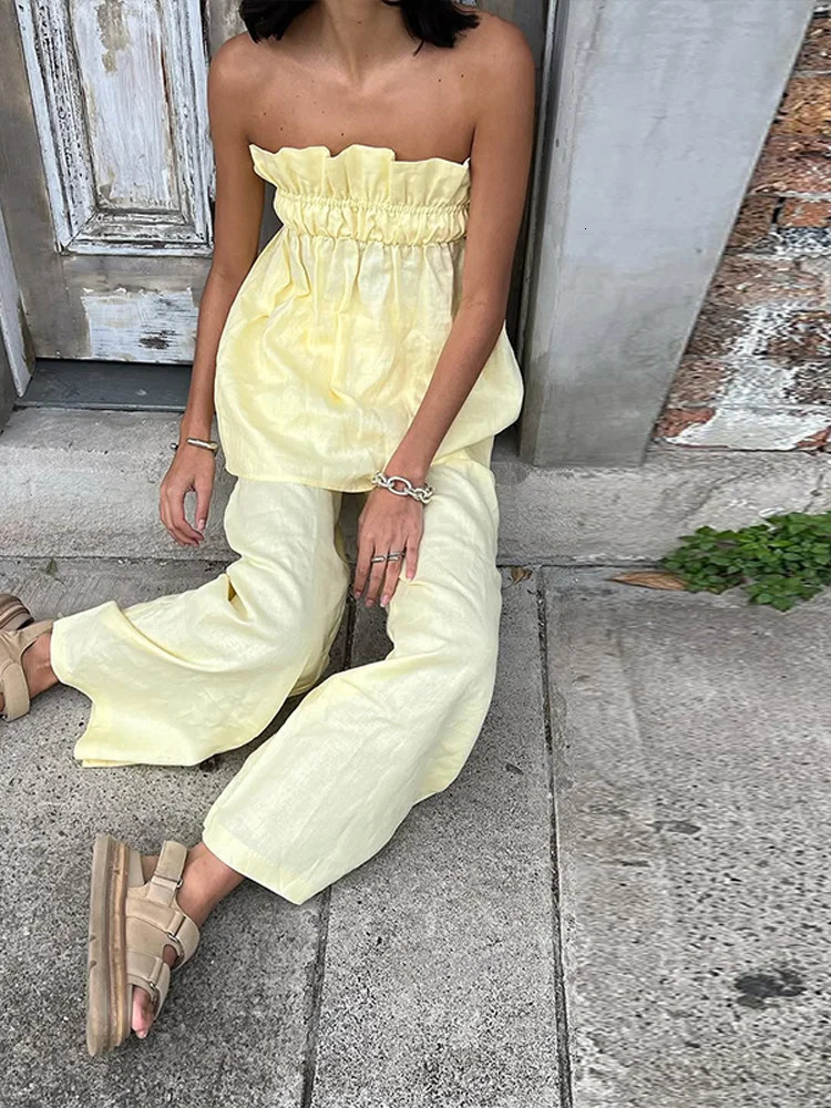 Sexy Womens Two Pieces Set Pleated Tube Top Trouser Suits Solid Sleeveless Straight Pants 2025 Summer Fashion Female Suit 250605