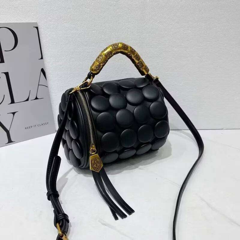 2025 Design Women Retro Button Leather Handbags High-End Round Tube Bucket New Fashion Shoulder Crossbody Bag