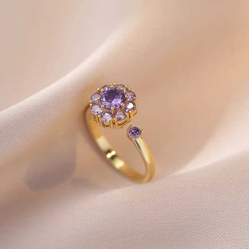 Bridal Jewelry Sets Rotating Purple Zircon Round Stud Earrings Ring Pendant Gold Color Chains Necklaces For Women Engagement Set Z250607