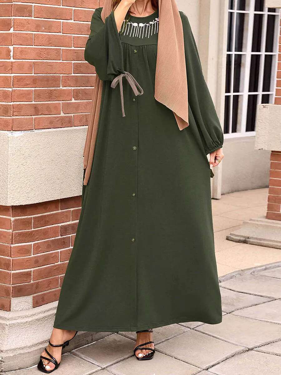 Middle Eastern Style Floral Embroidered Maxi Dress with Tassel Detail and Loose Fit Crew Neck - Long Sleeve Abaya Gown