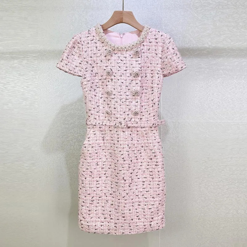 Short Tweed Dresses Women Summer Holiday Crystal Double Breasted Bodycon Pearl Chain Short Sleeve Evening Party Dress 250603