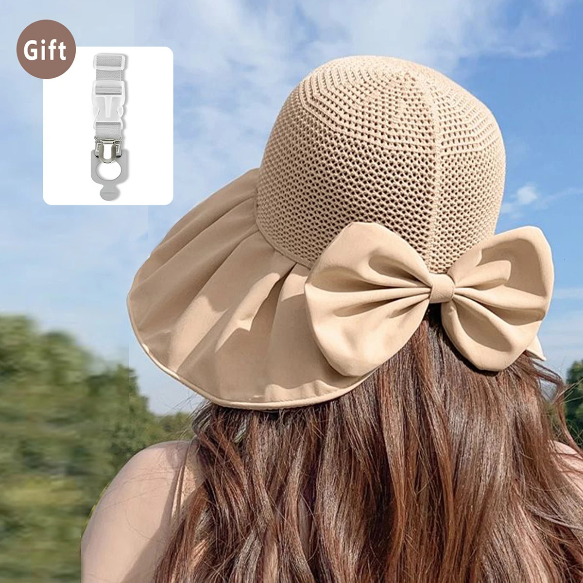 Summer Womens Sun Hat Anti-Ultraviolet Empty-Top Sunscreen Sun Hat Cover Face Fisherman Hat Free Hat Clip Buckle Storage 250606