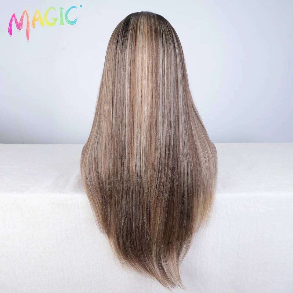 NAMM Magic Synthetic Front Wigs For Women Straight 28 Inche Bob Ombre Brown Blonde White Lace Glueless Cosplay Wig