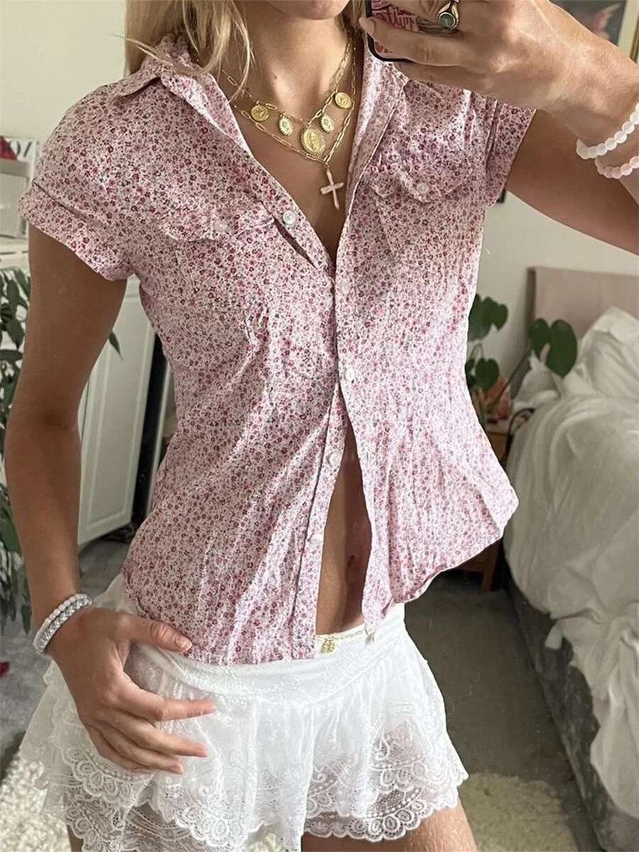 Womens Floral Print Button Down Short Sleeve Shirt with Loose Fit and Front Pocket - Stylish Summer Vacation Top for Women