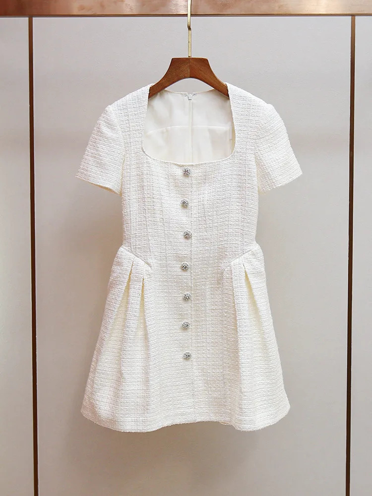 Crystal Short Sleeve Tweed Dress Women Summer Autumn Single Breasted Diamonds Button Mini Prom Party Dresses 250603