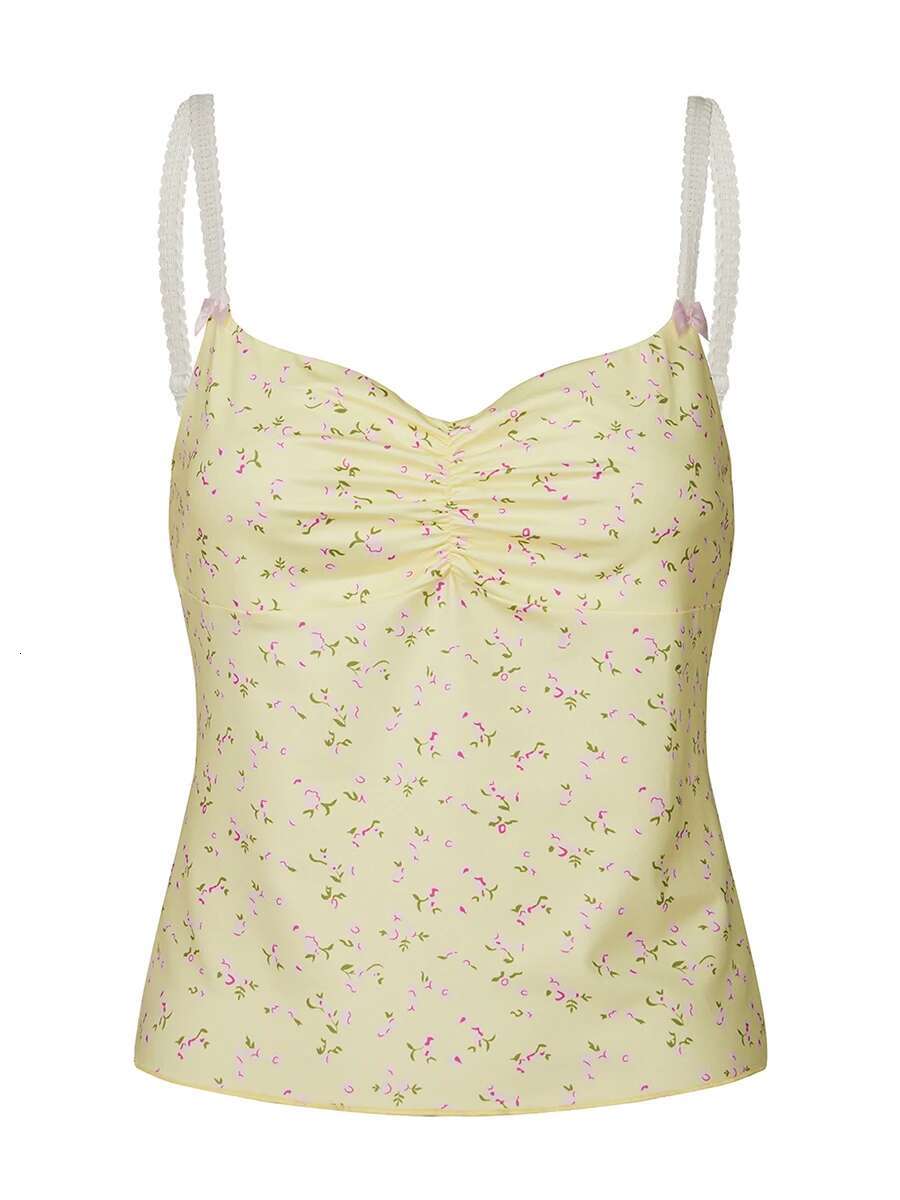 Elegant Lace Trimmed Tank Top V-neck Sleeveless Blouse with Floral Print Fashionable Fit Shirt for Night Out