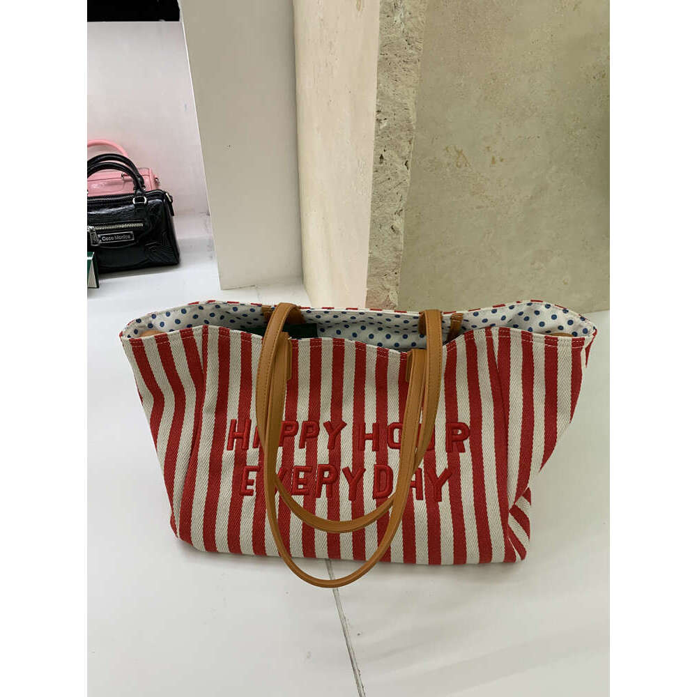 Summer Red and White Striped Letter Embroidered Tote Canvas Handheld Shoulder Underarm Class Mommy Bag Fashionable Versatile