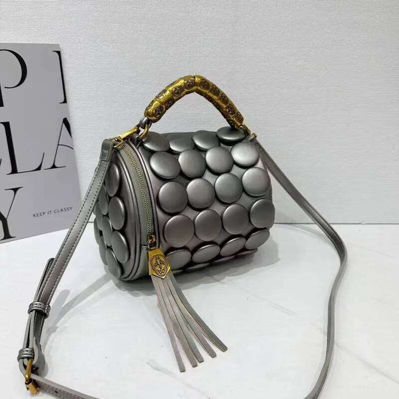 2025 Design Women Retro Button Leather Handbags High-End Round Tube Bucket New Fashion Shoulder Crossbody Bag
