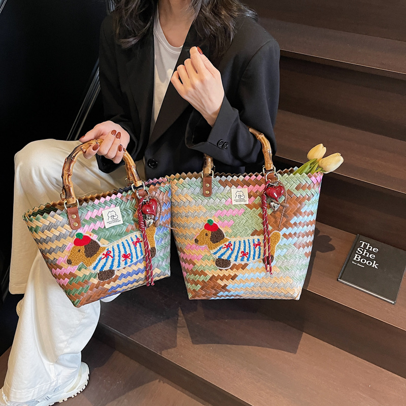 designer Vintage Striped Dachshund Handwoven Basket Tote Bag for Women Large Capacity Commuter Bag Handheld Bucke