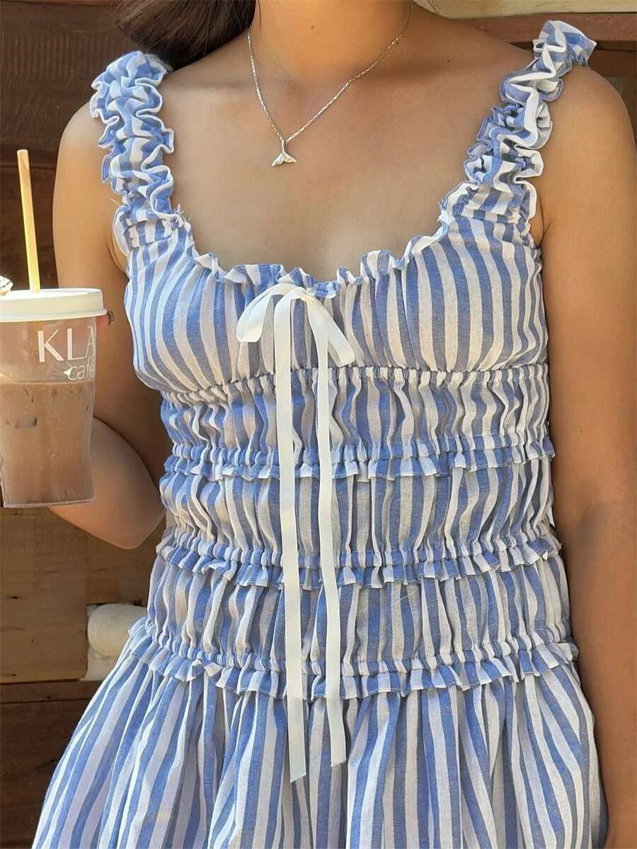 Elegant Striped Sleeveless Dress with Flattering Tie-up Bow Detail and Chic Frill Trim - Womens Scoop Neck A-line Ruffle Mini