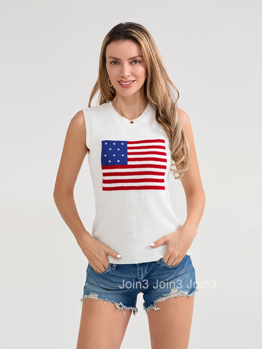 Womens Sleeveless Knit Tank Top with American Flag Print Casual Summer Vest for Daily Wear and Date Nights