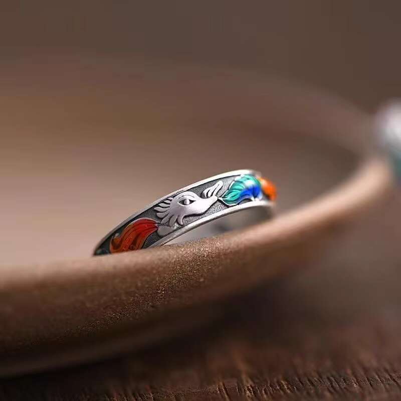 Retro Chinese Style Fox Ring for Women Small and Popular Enamel Color Drip Glue Fox Charming Adjustable Open Ring