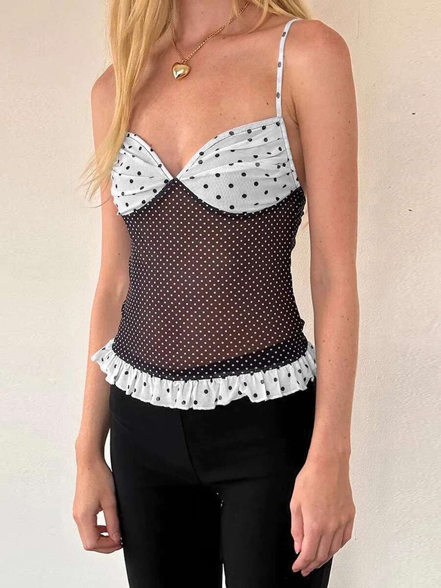 Womens Sleeveless Polka Dot Print V-neck Camisole Tops with Backless Design Summer Tank Tops for Streetwear Fashionistas