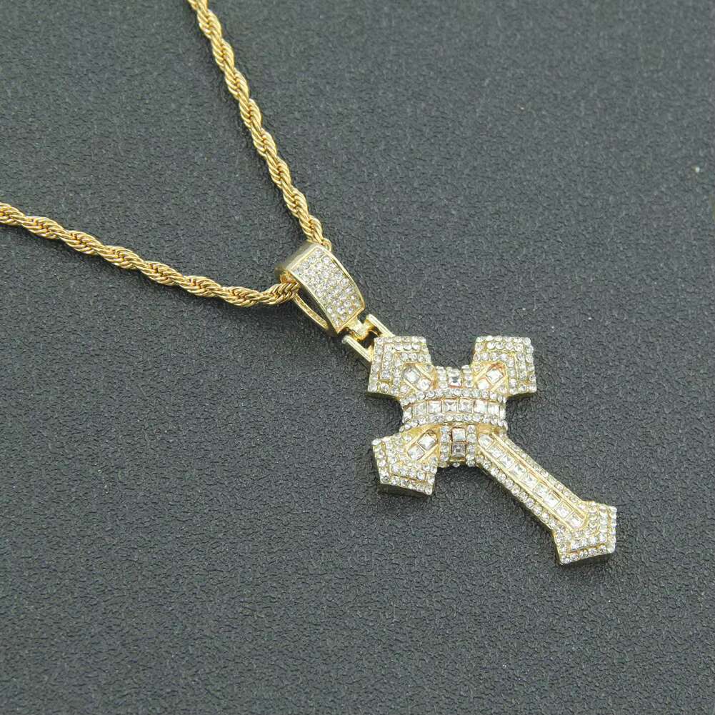 European and American Hip-Hop Trendy Cross Pendant Necklace Three-Dimensional Full Diamond With Stainless Steel Gold Plating