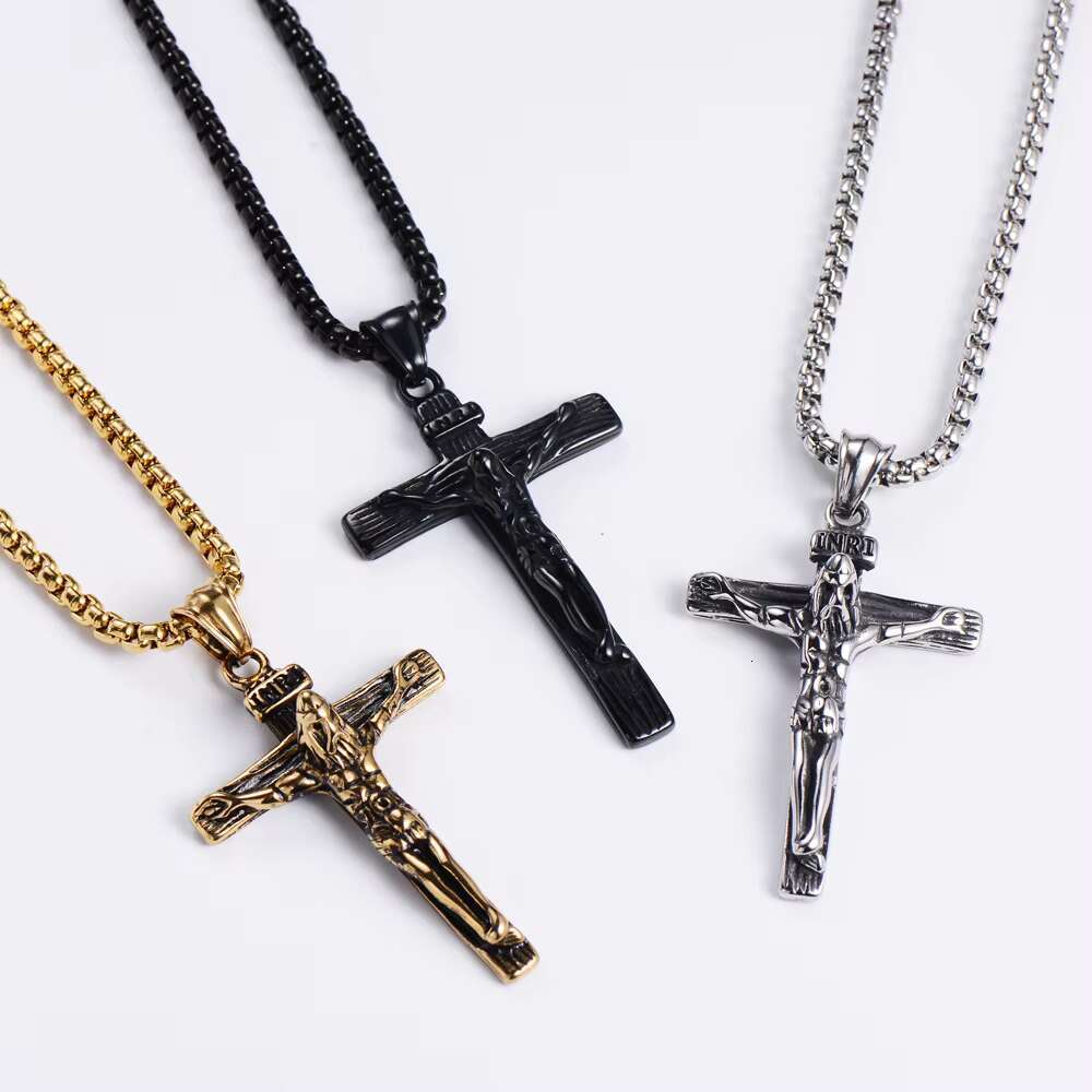 Wholesale Cross Necklace Religious Jewelry 18K PVD Gold Plated Stainless Steel Pendant Christian Jesus Cross Necklaces for Men