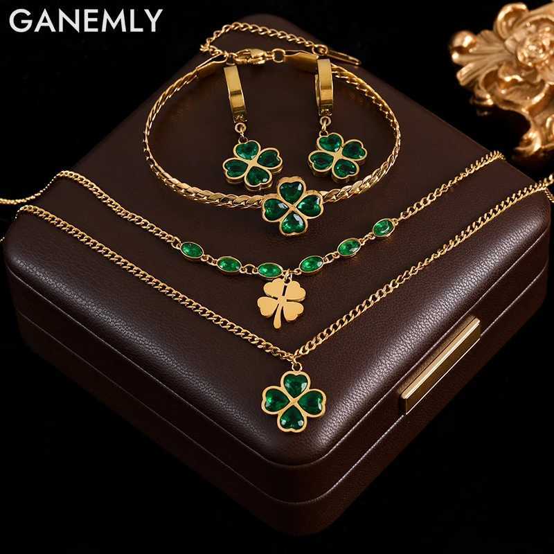 GANEMLY 316L Stainless Steel Green Crystal Necklace Earrings Set For Women Fashion Waterproof Jewelry Set Bijoux Z250607