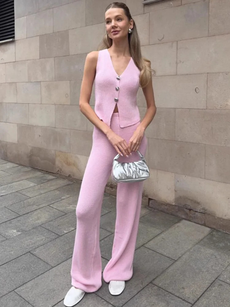 Trendix Knit Pant Sets Women V Neck Sleeveless Tank Tops Vacation Casual 2PCS Solid High Waist Elegant Pant Knitwear Vest Sets 250605