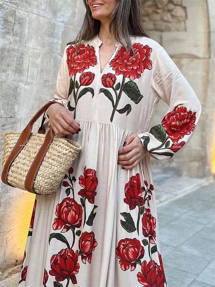 Womens Elegant Floral Print V-neck Long Sleeve Maxi Dress with Flowy Silhouette for Casual Fall Style