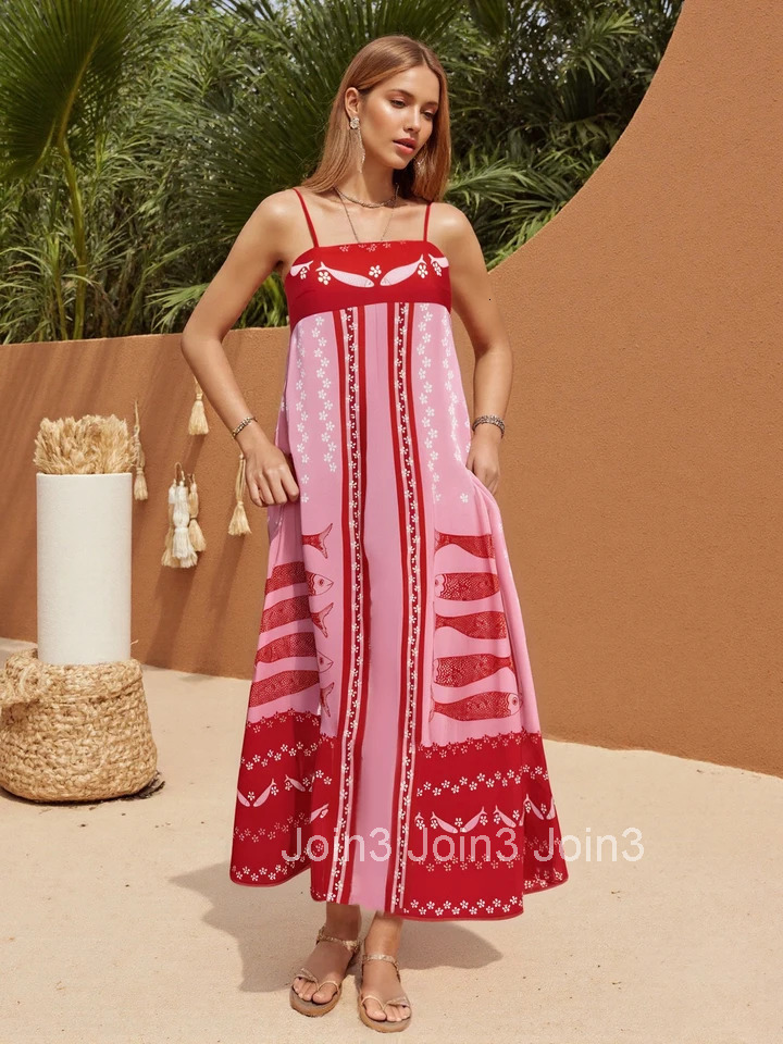 Womens Sleeveless Maxi Dress with Tropical Fish Print Spaghetti Strap Cami Dress for Summer Fashion and Casual Wear