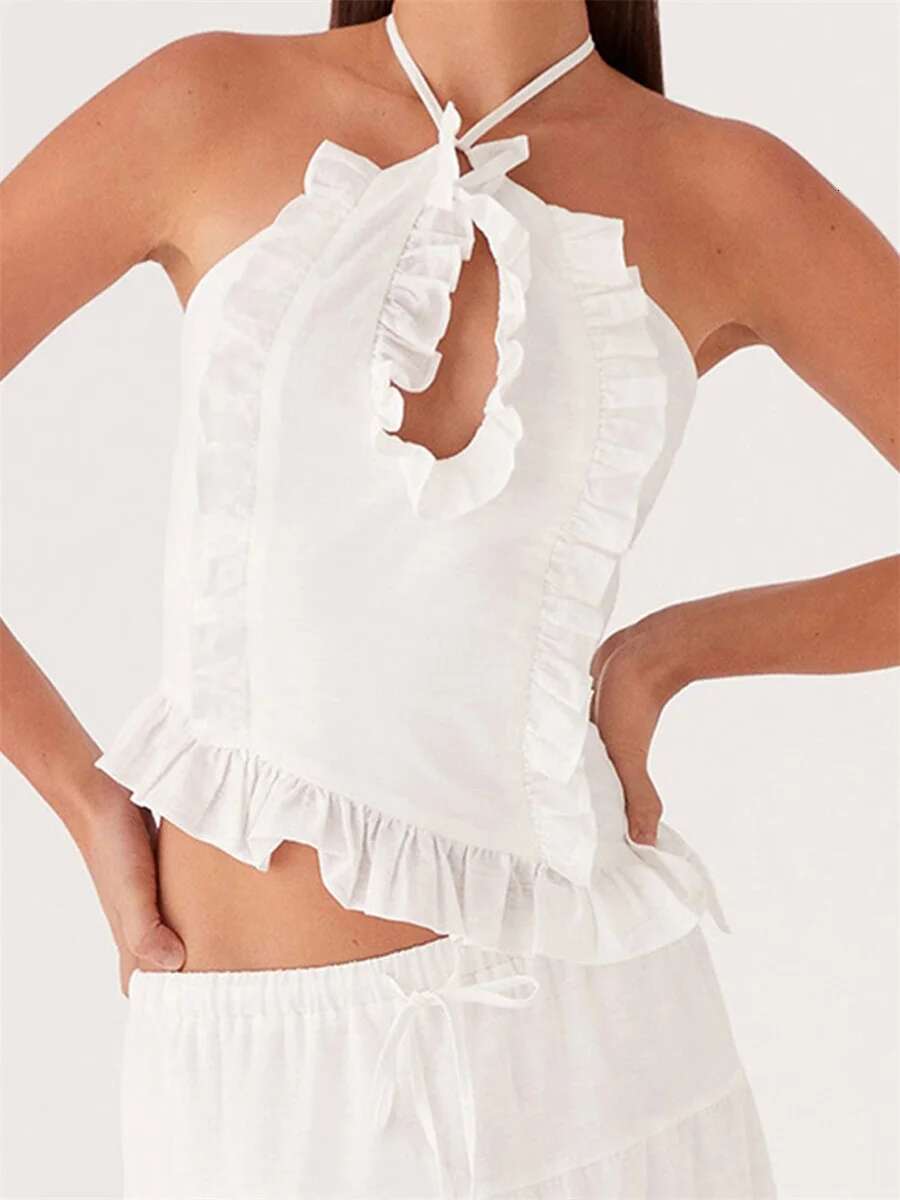 Elegant Lace Off-shoulder Blouse Flared Sleeveless Shirt with V-neckline and Ruffled Hemline for Evening Event