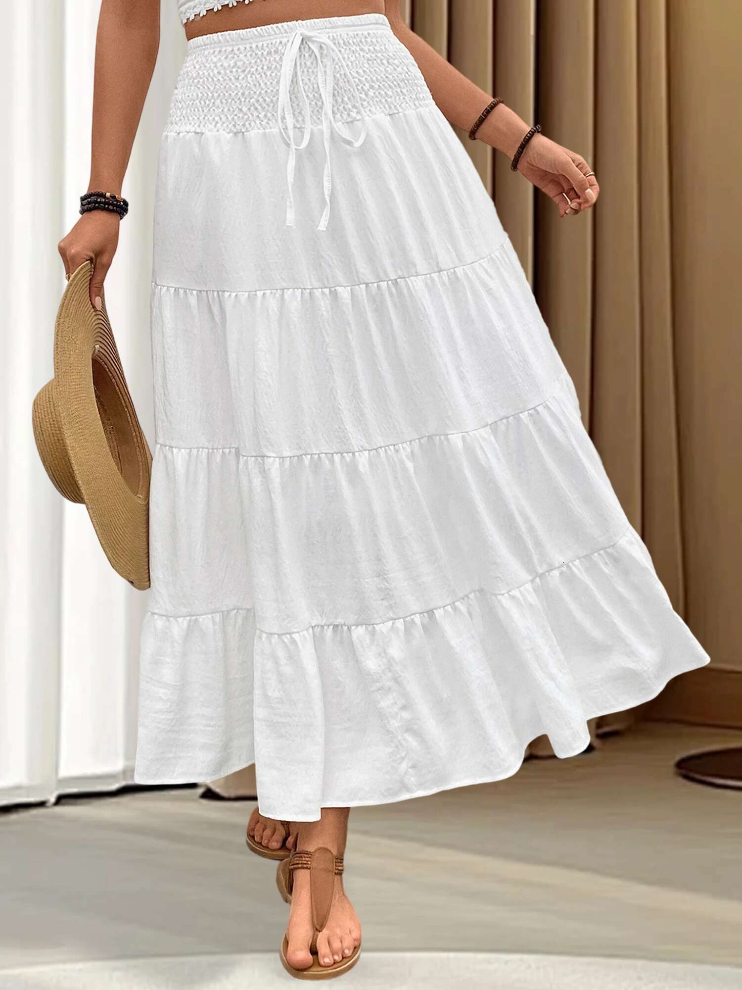 Ladies Stylish High-waisted Skirt with Bohemian Flair and Ruffled Detailing Perfect for Summer Beach Getaways and Urban
