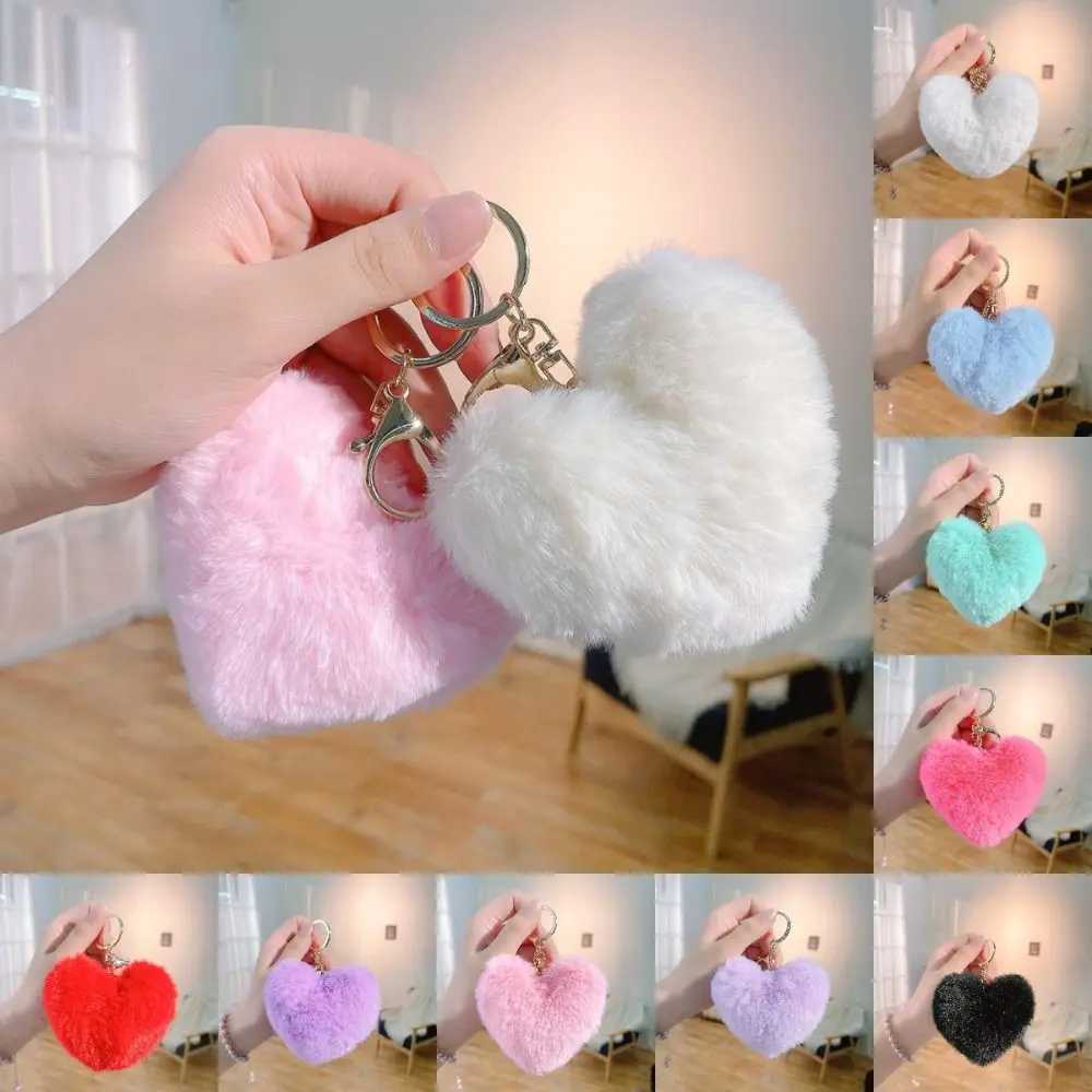 Fashion Love Heart Plush Bag Pendant Fluffy Ball Imitation Rabbit Fur Key Chain Bag Accessories Solid Color Car Key Ring XJ250607