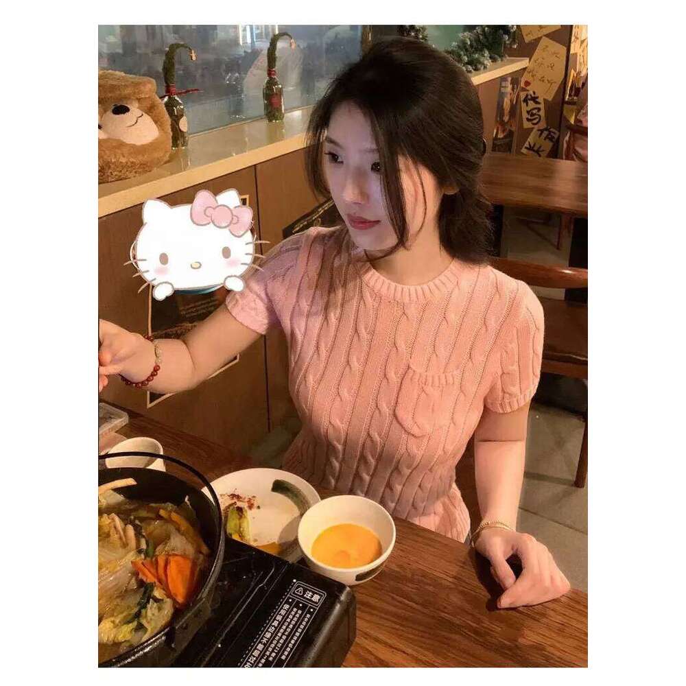 2025 Women's High-Quality Cashmere Knit Sweater Summer Short Sleeve Cable Embroidery Round Neck Cotton Blend Pullover Top