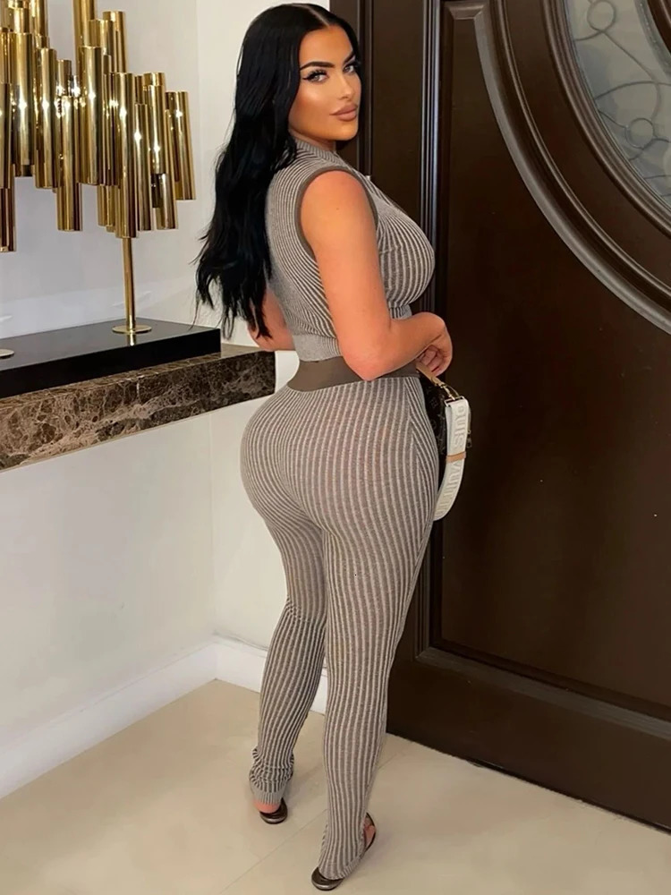 Weird Puss Fitness Zip Women Tracksuit 2 Piece Set Stripe Casual Tank TopsLeggings Matching Streetwear Casual Activity Outfits 250605