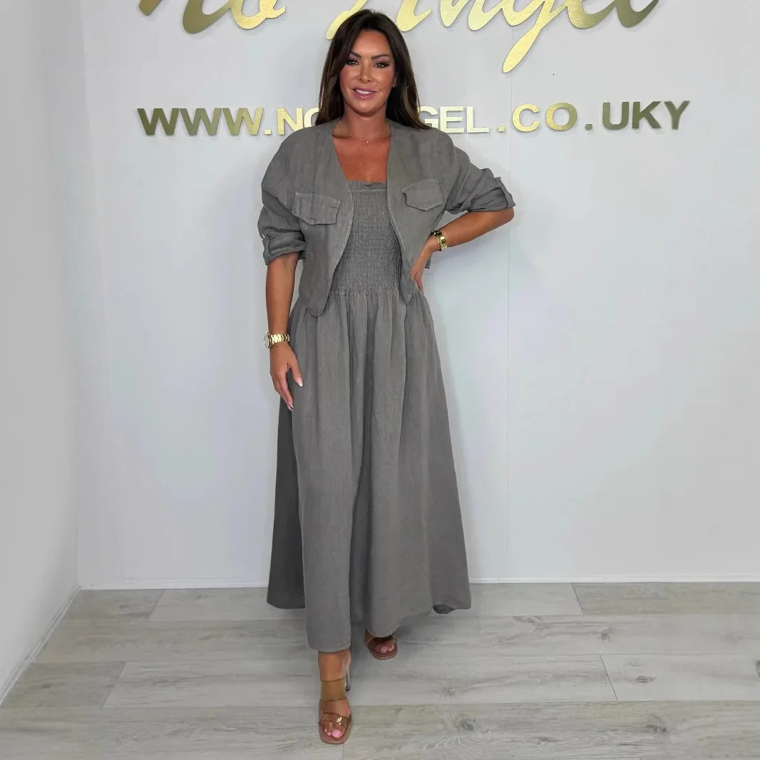Spring Summer Casual Dress Set Women Elegant Office Lady Cardigan Short Jacket Strap Elastic Cotton Linen Dress 2 Piece Outfit 250606
