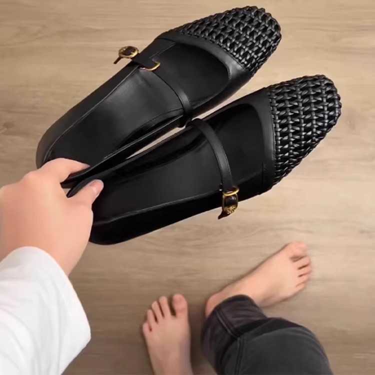 French Genuine Leather Woven Hollow Square Toe Mary Jane Shoes for Women One Strap Chunky Heel Soft Sole Commuter Versatile Flats