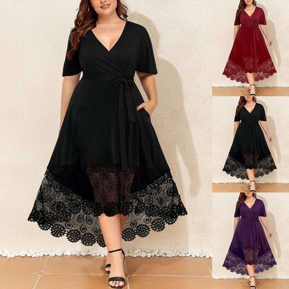 Plus Size Womens Sexy Lace Floral V-Neck Pockets Midi Dress Ladies Short Sleeve Evening Party tail Ball Gown Sundress XL-5XL
