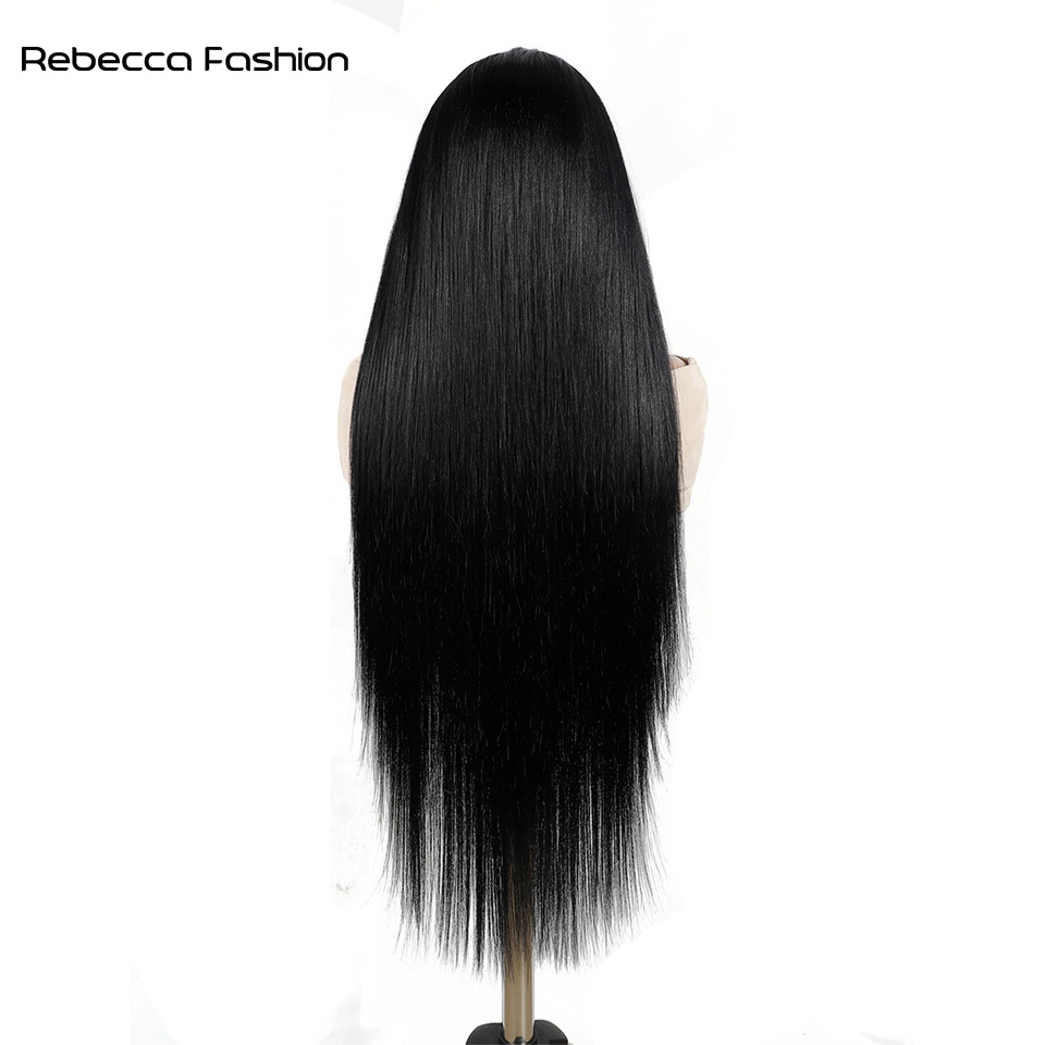 Rebecca Fashion Synthetic Front For Women 38 inch Long Straight Layered Wigs 13X4 Lace Frontal Free Part Black Cosplay Wig