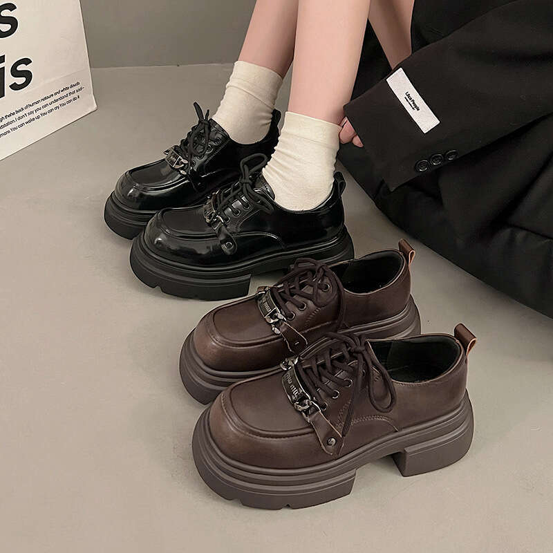 Genuine Leather British Style Women's 2024 Spring New Versatile Lace-up Single Shoes Thick Sole Height Increasing Black Loafers