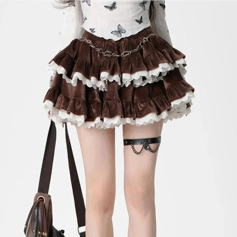 Deeptown Brown Kawaii Corduroy Skirt Women Korean Style Sweet Cake Mini Skirt Lace Spliced Black High Waist Ruffle Short Skirts 250609