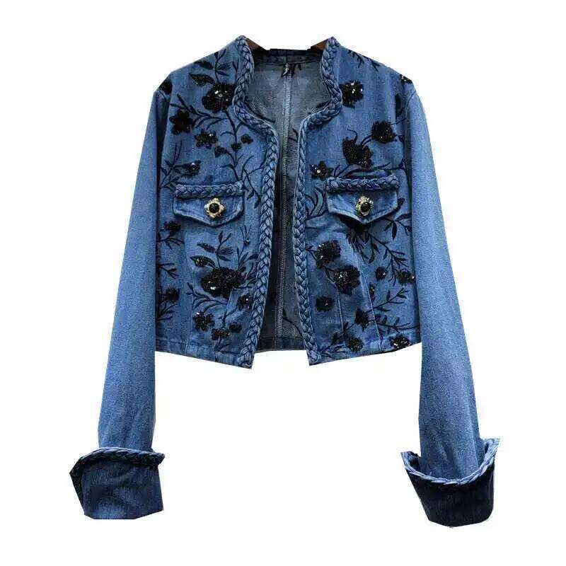 HKSH Heavy Industry Embroidered Sequin Denim Jacket For Women's 2024 Spring New Ins Chic Tide Niche Print Fashion Y2K Coat H2820