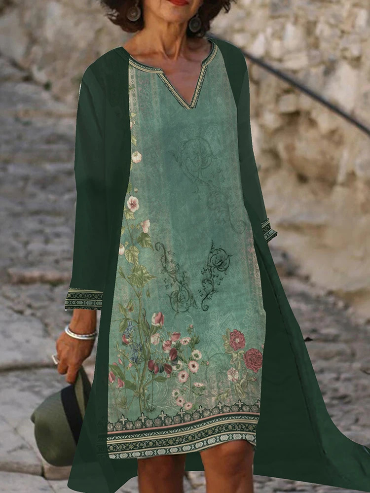 Plus Size Women Boho 2 Piece Vintage Floral Printed Maxi Dress with Jacket Flowy Wedding Guest Midi 250603