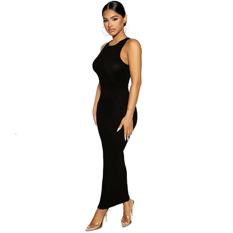 Women's Solid Color Bodycon Sleeveless High Elastic Round Neck Ribbed Casual Sexy Dress Trendy B5