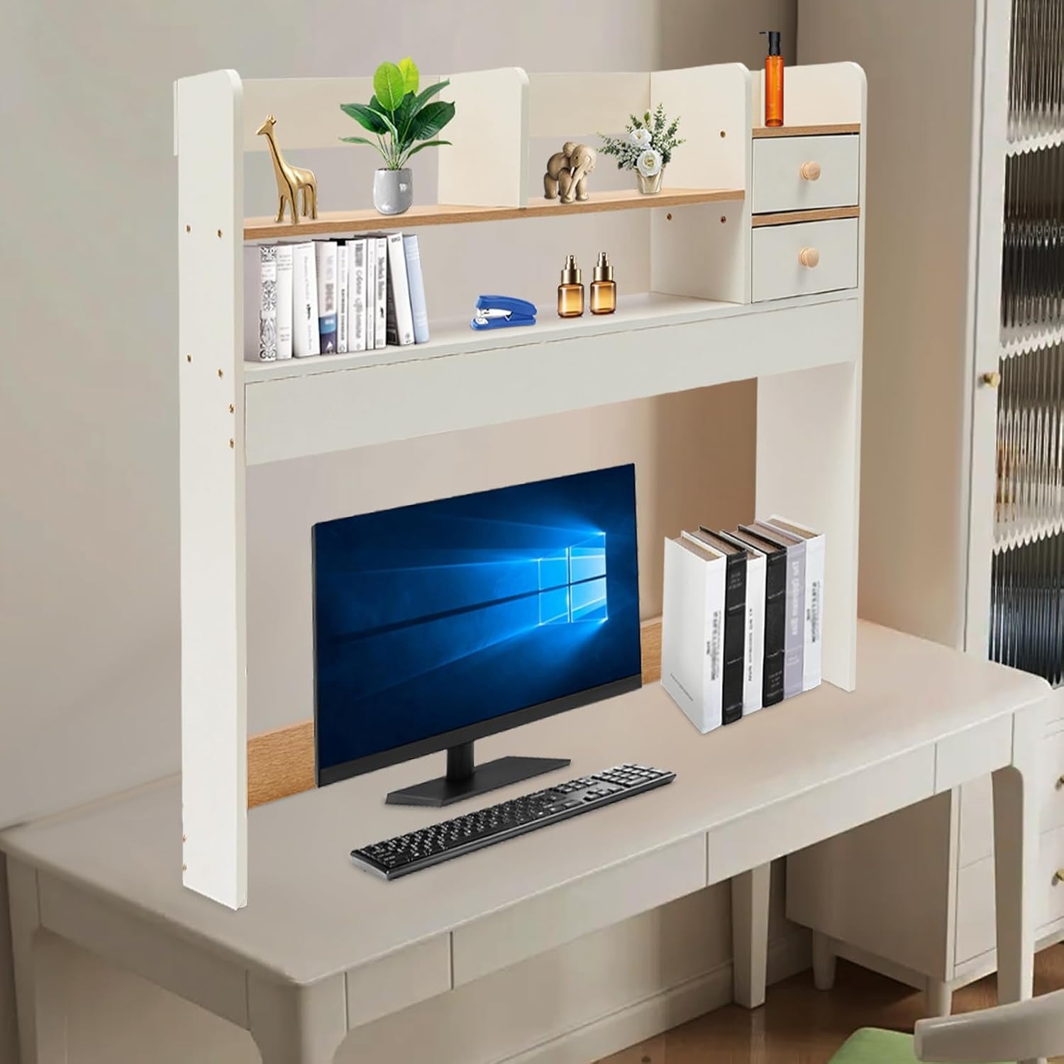 3-Tier Desktop Bookshelf Countertop Storage Desk Hutch for Computer Desk, Multipurpose Desktop Organizer Shelf with 2 Drawers Office Supplies Home Des