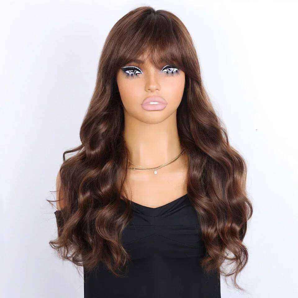 Peruvian Body Wave Lace Wig With Bangs For Women Natural Remy Fringe 22 Inches Realistic Scalp Human Hair Wigs