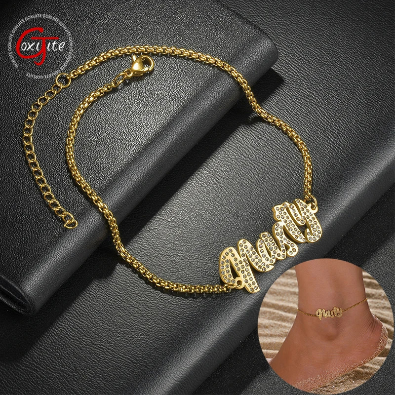 Goxijite Personalized Letter Anklet For women Stainless Steel Inlaid With Stones Customized Name Anklet Party Jewelry Gift 250606