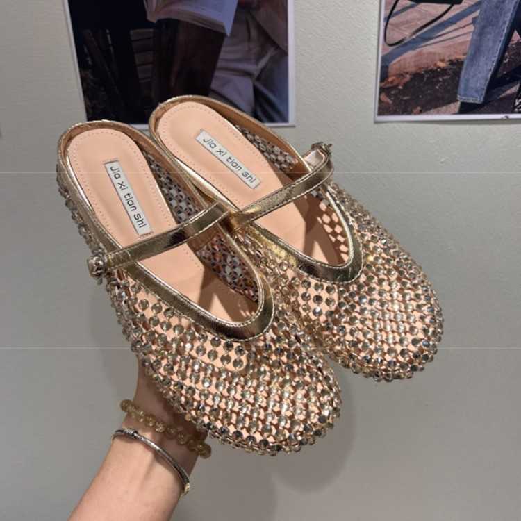 Hidden Heel Gold Fishnet Peep Toe Mules for Women Summer New Thick Sole Mary Jane French Sandals