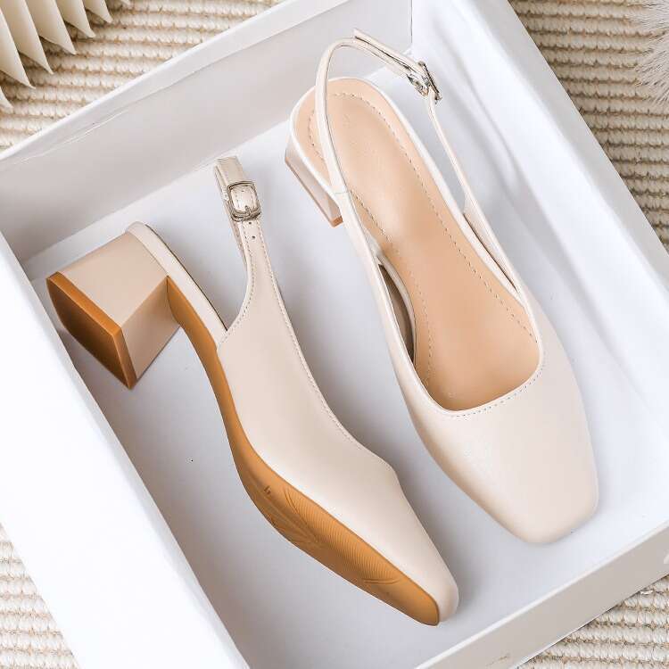 35-42 Large Size Soft Leather Peep Sandals Summer 2024 New Square Toe One Strap Office Thick Heel Slippers