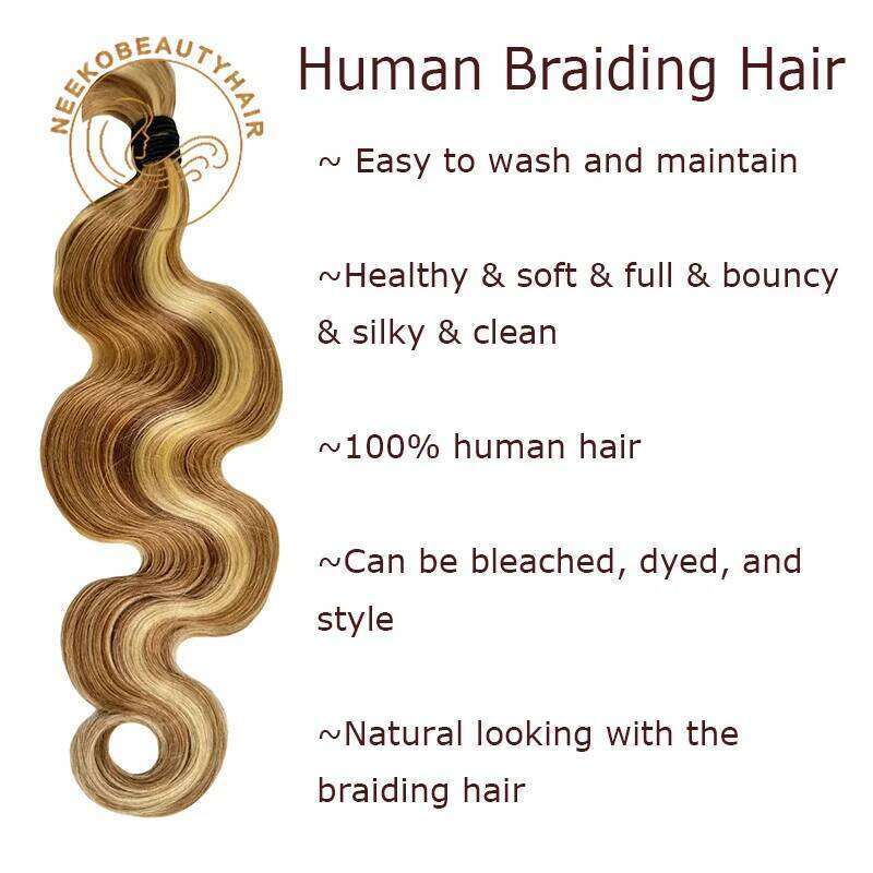 Honey Blonde Highlight Bulk 1 Bundles/Pack 100g 18 Inch Body Wave Knotless BOHO Braids Human Braiding Hair