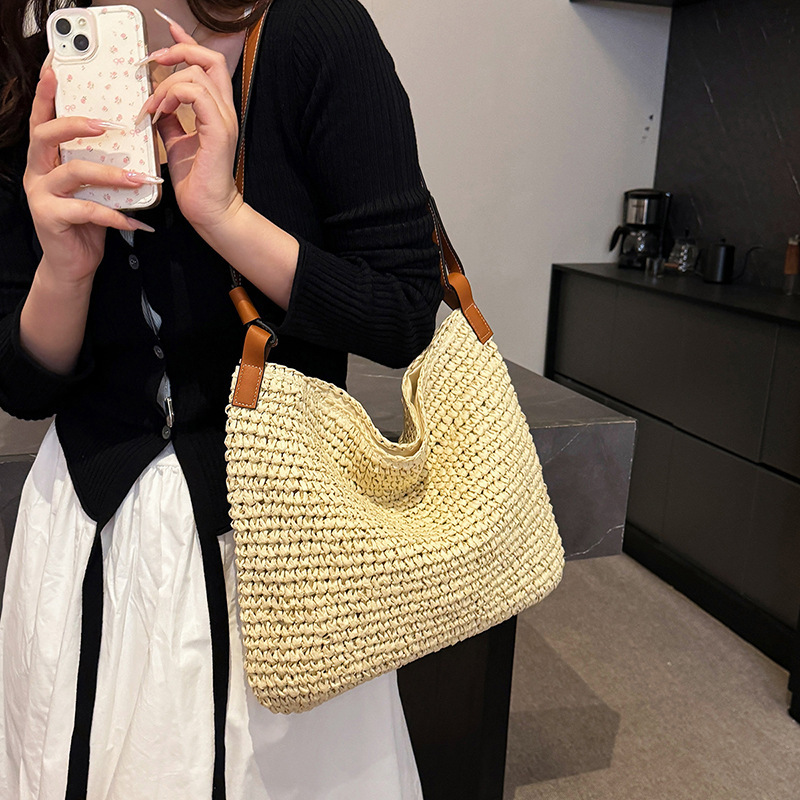 designer Vintage Woven Bag Women's 2025 New Trend Beach Vacation Shoulder Bag Large Capacity Tote Bag Stra