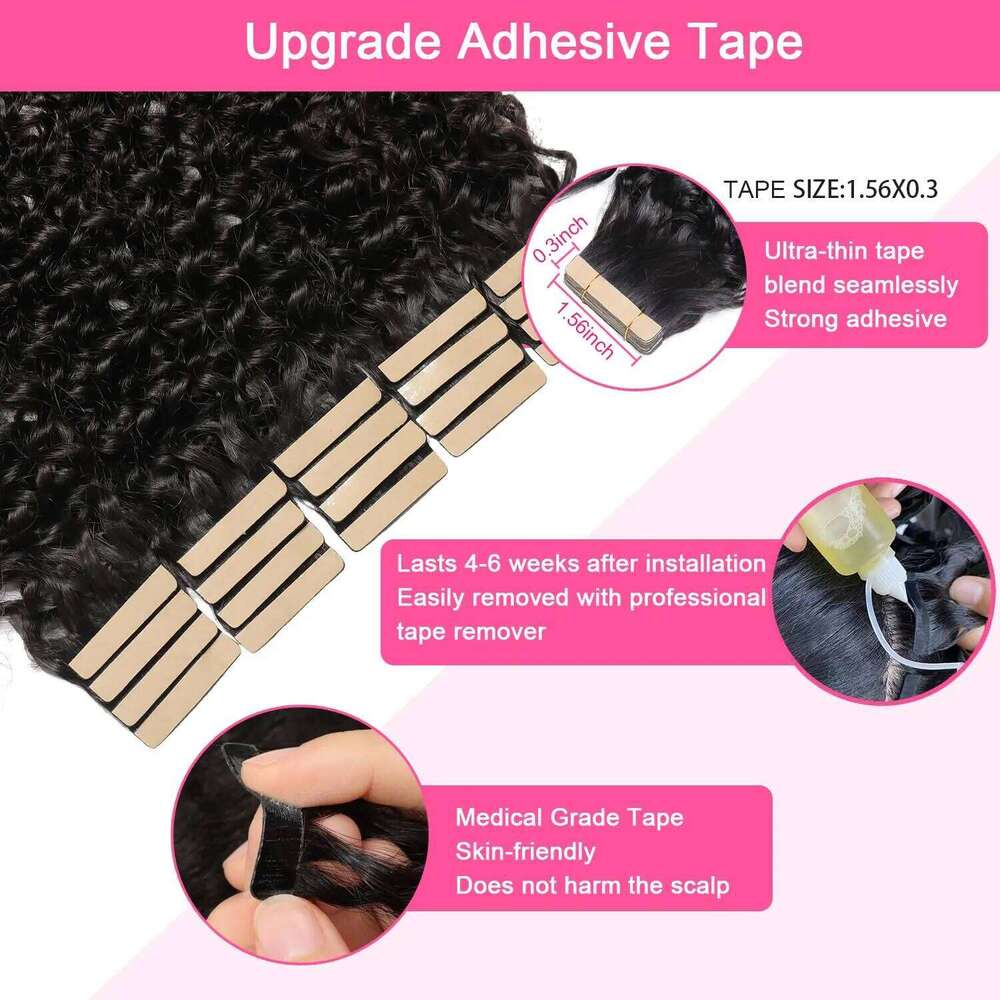 20Pcs Kinky Curly Tape In Extension Virgin Brazilian Human Hair Bulk Black Women Invisible No Weft For Salon