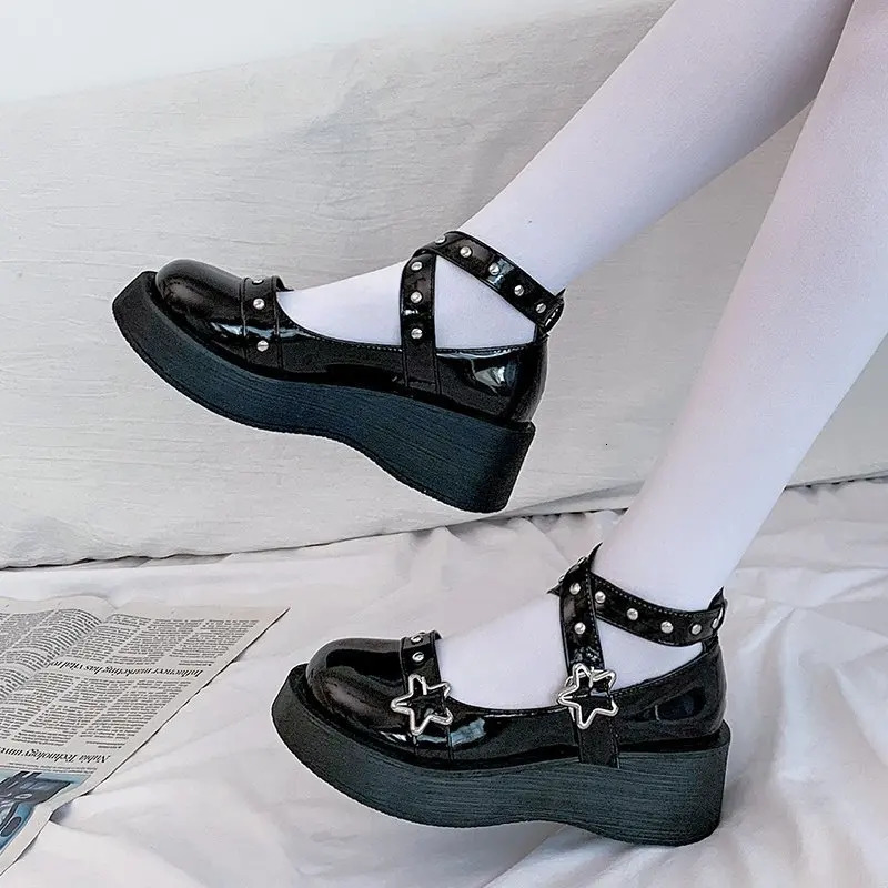 Shoes Lolita shoes Women heels platform mary janes Star Buckle Strap Mary Janes Women Cross-tied Girls Rivet Casual kawaii shoes 250603