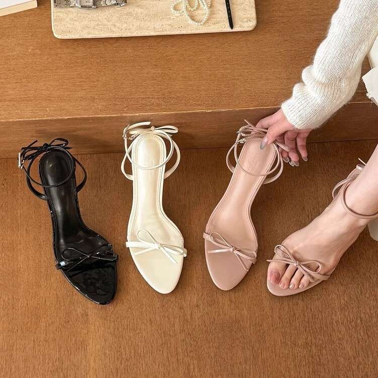 High Heels 2025 Summer New French Style Bow Round Strap Open Toe Stiletto Elegant Sandals for Women
