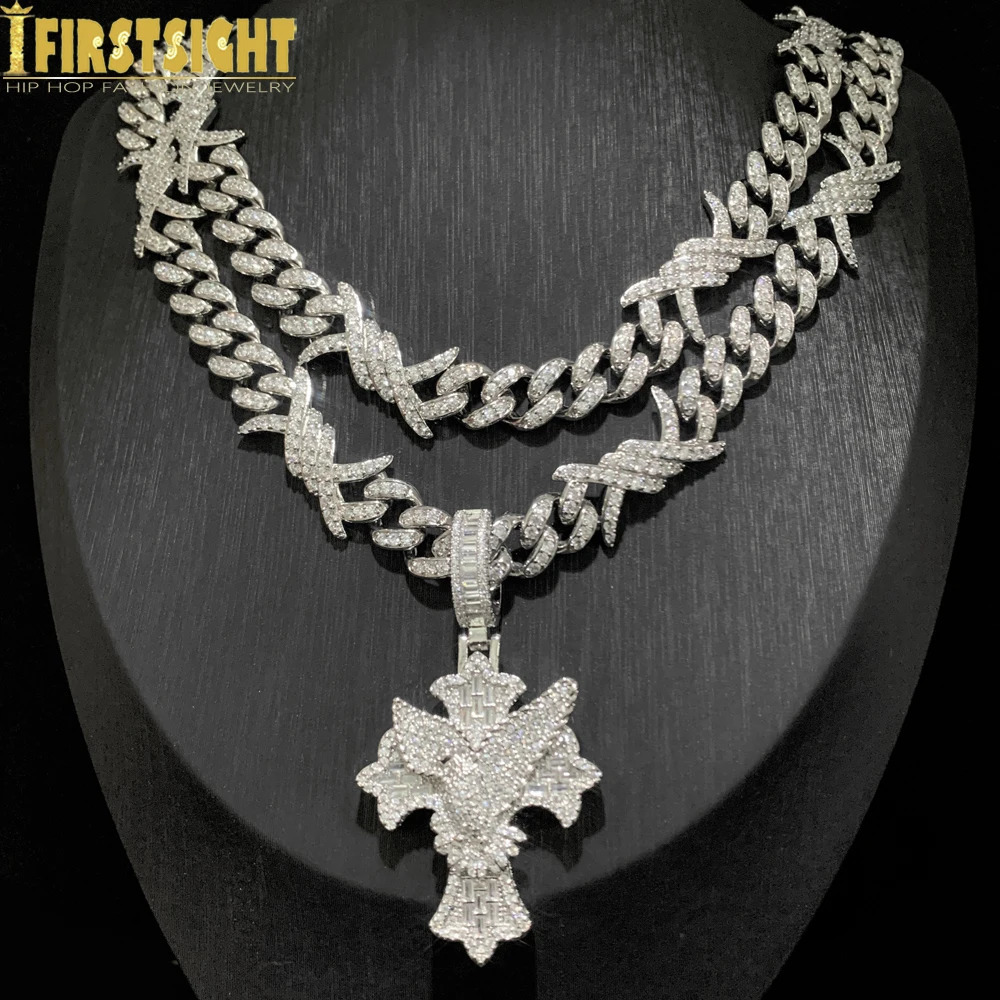 Iced Out Eye Maltese Cross Peace Necklace for Men 12MM Barbed Wire Cuban Chain Cubic Zirconia Charm Hip Hop Jewelry 250606